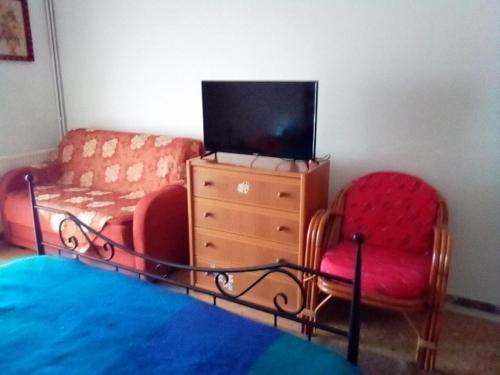 ein Wohnzimmer mit einem Sofa, einem TV und 2 Stühlen in der Unterkunft Nikos Rooms in Loutra Edipsou