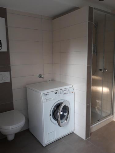 a bathroom with a washing machine and a toilet at Haus Birkenheim in Hatten