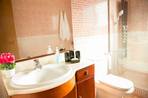a bathroom with a sink and a toilet and a shower at Casa Bella con piscina in Caldes de Montbui