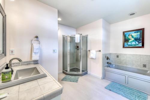 a bathroom with a shower and a sink at Skyline Serenity in South Lake Tahoe