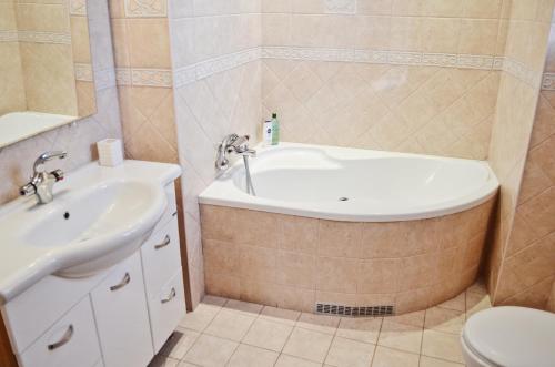 łazienka z umywalką, wanną i toaletą w obiekcie Apartments 4 in the historic part of Znojmo w Znojmie