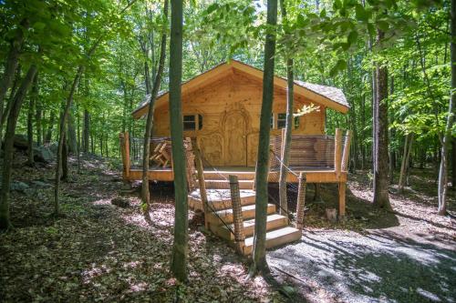 a log cabin with a porch in the woods at Parc Omega in Montebello