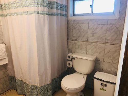 uma casa de banho com um WC e uma cortina de chuveiro em Cabaña Los Castaños Uriflor em Los Ángeles