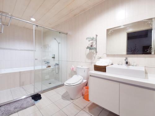 La salle de bains est pourvue de toilettes, d'un lavabo et d'une douche. dans l'établissement Green Park Homestay, à Luodong