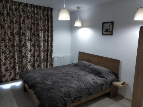 Un dormitorio con una cama y una cortina. en Edan Apartament, en Buşteni