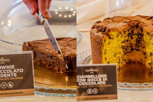 a person cutting a piece of cake with a knife at Hotel Ristorante La Pergola in Magliano Sabina