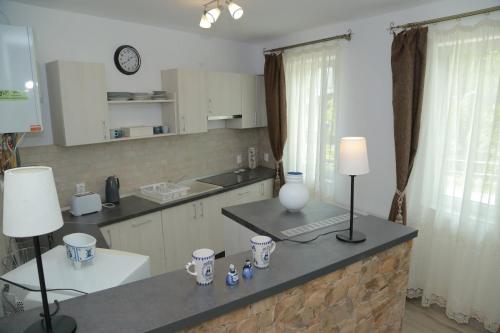 a kitchen with a counter with two lamps on it at Casa Tinkerbell in Sovata
