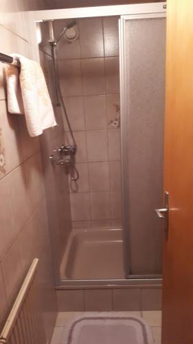 a bathroom with a shower with a tub and a toilet at Pension Kupfer in Wenns