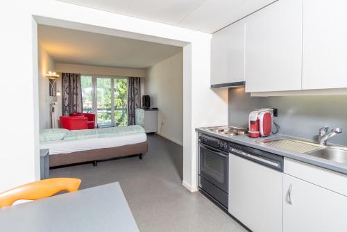 eine Küche mit einem Waschbecken und ein Bett in einem Zimmer in der Unterkunft Face Aparthotel in Davos