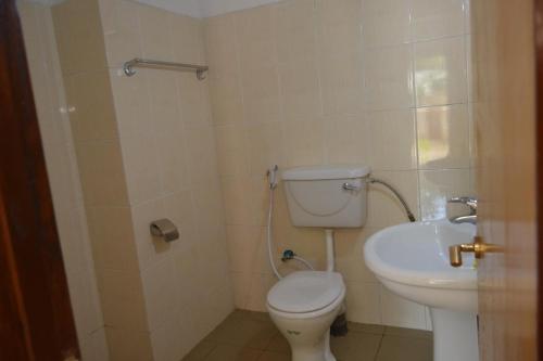 a bathroom with a toilet and a sink at Serene Mountain Lodge in Marangu