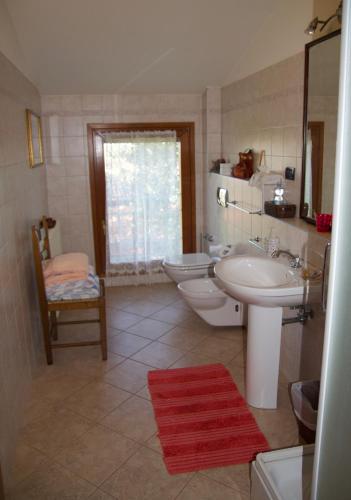 a bathroom with a sink and a toilet and a mirror at Il Frattiero B&B in Voghenza
