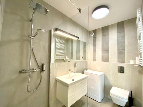 W łazience znajduje się prysznic, umywalka i toaleta. w obiekcie SunSea Nadmorskie Tarasy w Kołobrzegu