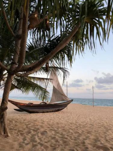 a hammock on a beach next to a palm tree at Pearl Cave Cabanas & Resturant in Tangalle