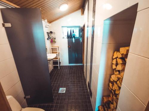 Taiga School في Virrankylä: حمام صغير مع مرحاض ومغسلة