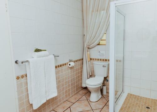 a bathroom with a toilet and a shower with towels at Boubou Bed and Breakfast in Rustenburg