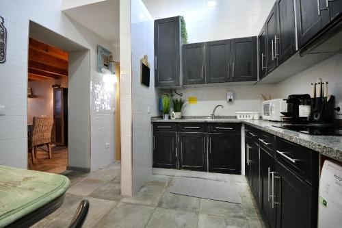 a kitchen with black cabinets and a sink at Casa da Escola in Cacia