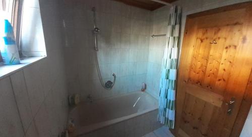 La salle de bains est pourvue d'une baignoire et d'une porte en bois. dans l'établissement Top Apartment, à Henndorf am Wallersee