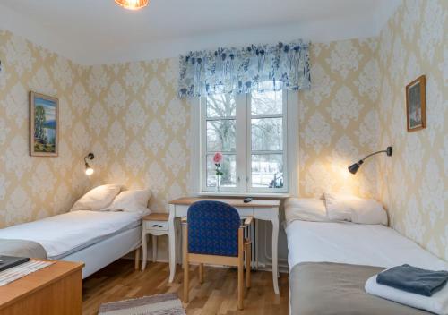 Habitación con 2 camas, escritorio y ventana. en Malmgårdens vandrarhem B&B, en Strängnäs