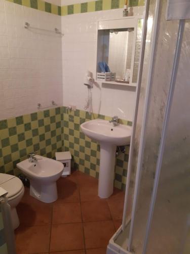 a bathroom with a sink and a toilet and a shower at Il Boscaiolo in Torniella