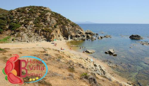 a view of a beach with a sign on it at Hotel Villa Belfiori in Torre Dei Corsari