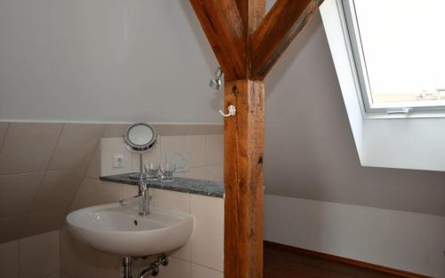 a bathroom with a sink and a mirror and a window at Apartment Alter Fritz in Potsdam