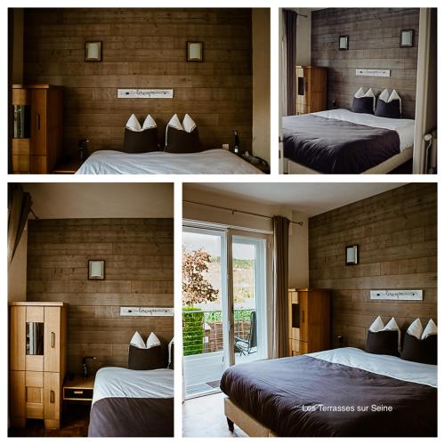 three pictures of a bedroom with a bed and a window at Les Terrasses sur Seine in Vernon