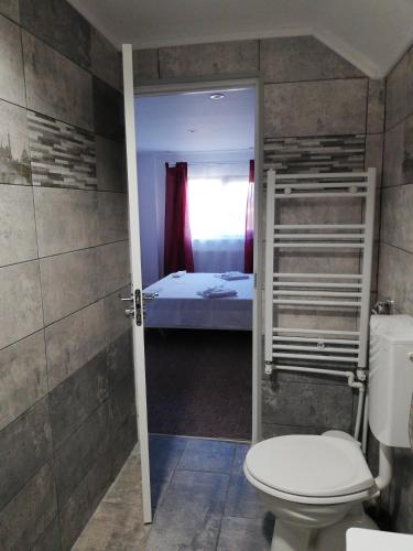 a bathroom with a toilet and a bunk bed at Hotel Hobby in Hunedoara