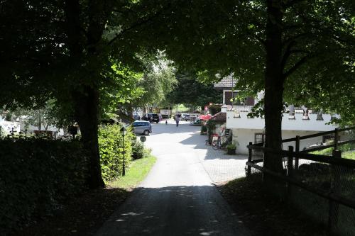 a tree lined street with a car driving down a street at la Cibourg, Centre de vacances in Renan