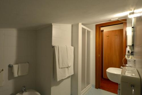 a bathroom with a sink and a toilet and a mirror at Hotel Due Ragni in Villorba