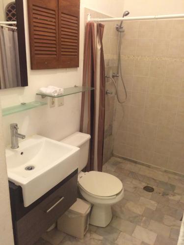 a bathroom with a sink and a toilet and a shower at Aventura Pacifico Boutique Suites & Villas in Bucerías