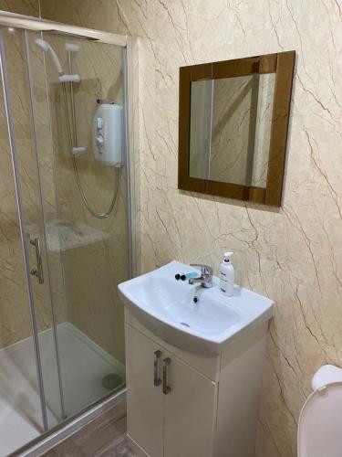 a bathroom with a sink and a shower and a mirror at Loch Lomond Apartments in Dumbarton