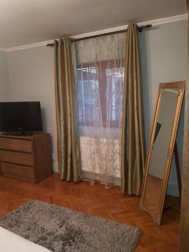 a living room with a mirror and a window at Vila Magnolia in Curtea de Argeş