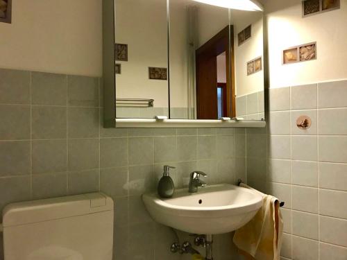グリュックスブルクにあるFerienwohnung Waldblickのバスルーム(洗面台、鏡、トイレ付)