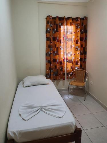 een slaapkamer met een bed, een stoel en een raam bij Hotel Goll in Limeira