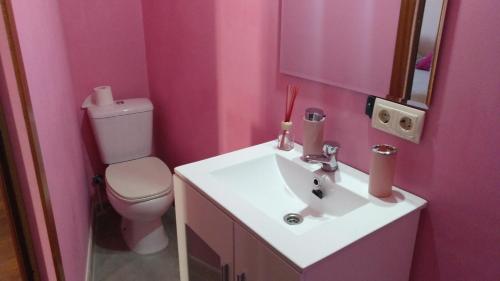 a pink bathroom with a sink and a toilet at O Candil De Santa Ana in Pontevedra