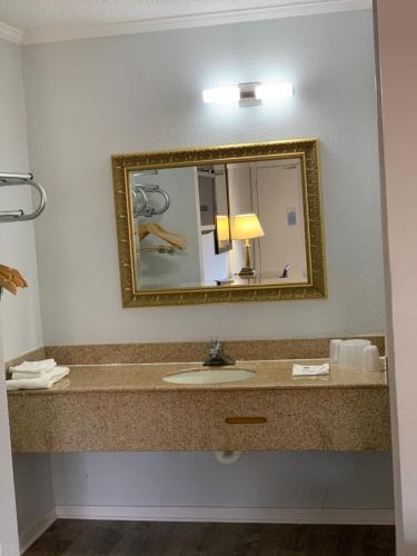 a bathroom with a sink and a mirror at Motel 6 Newport News, VA – Fort Eustis in Newport News
