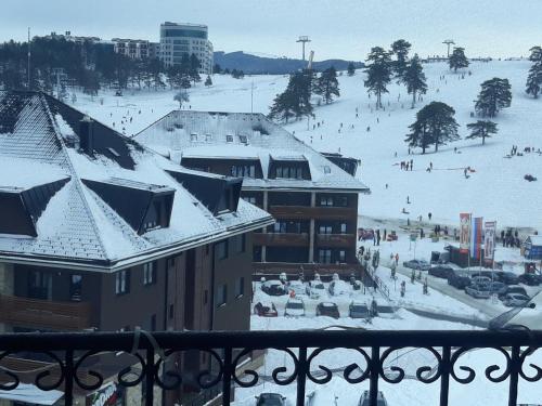 eine Gruppe von Menschen auf einer Skipiste im Schnee in der Unterkunft Pejzaž Zlatibora in Zlatibor
