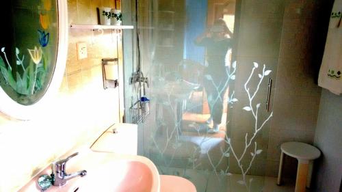 a bathroom with a sink and a shower at Apartamentos Huerta Carúa I y II in Piloña