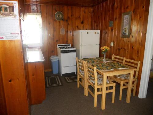 una piccola cucina con tavolo e frigorifero di Stefan's R&R Resort a Lincoln Junction