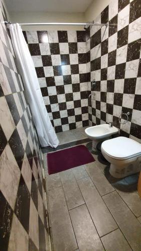 a bathroom with a checkered bathroom with a toilet at Dptos CerBo in Deán Funes