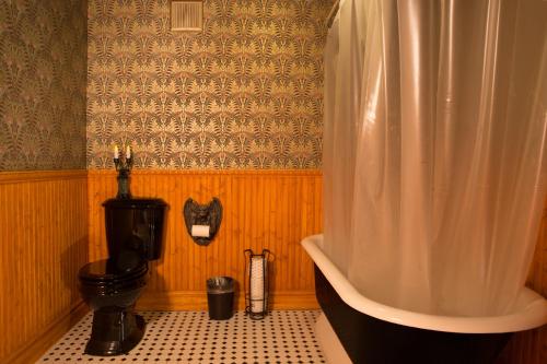 a bathroom with a black toilet and a shower at Hicksville Pines Chalets & Motel in Idyllwild