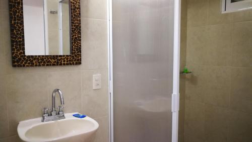 a bathroom with a shower and a sink at Pie de Playa la Ropa in Zihuatanejo