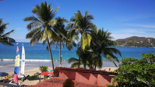 vistas a una playa con palmeras y al océano en Pie de Playa la Ropa en Zihuatanejo