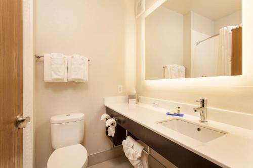  Holiday Inn Express & Suites في سانتا فيه: حمام مع مرحاض ومغسلة ومرآة
