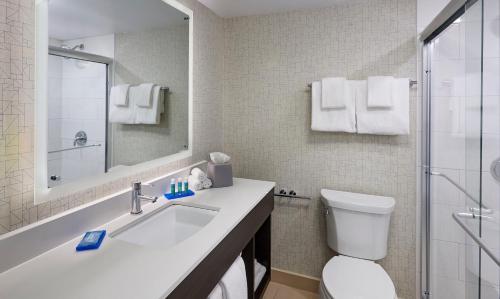 a bathroom with a sink and a toilet and a mirror at Holiday Inn Express Windsor Waterfront, an IHG Hotel in Windsor