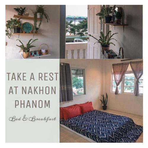 a collage of pictures of a bedroom with a bed and plants at Take A Rest At Nakhon Phanom in Nakhon Phanom