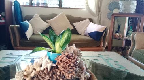 a living room with a coffee table with a plant on it at Ancelle Cristo Re in Moalboal
