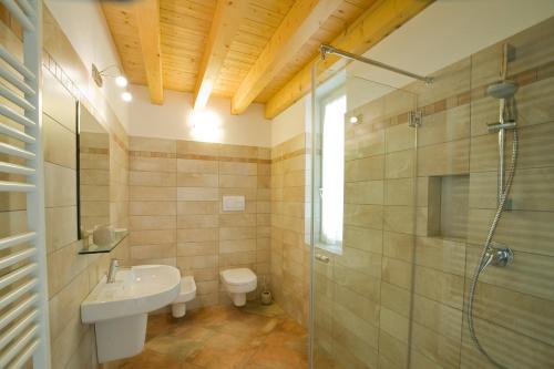 a bathroom with a shower and a sink and a toilet at Casale di Pegol in Tignale