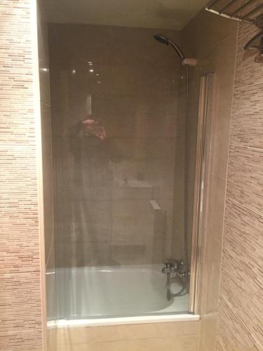 a bath tub with a shower in a bathroom at Tudela balcón de Bardenas in Tudela