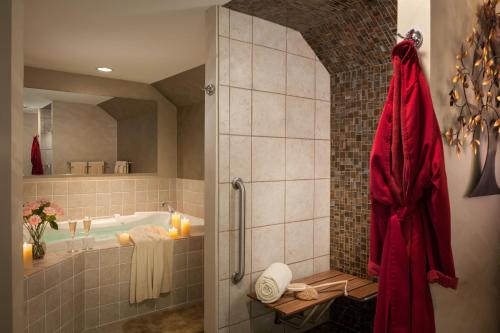a bathroom with a shower with a red towel at Rabbit Hill Inn in Lower Waterford